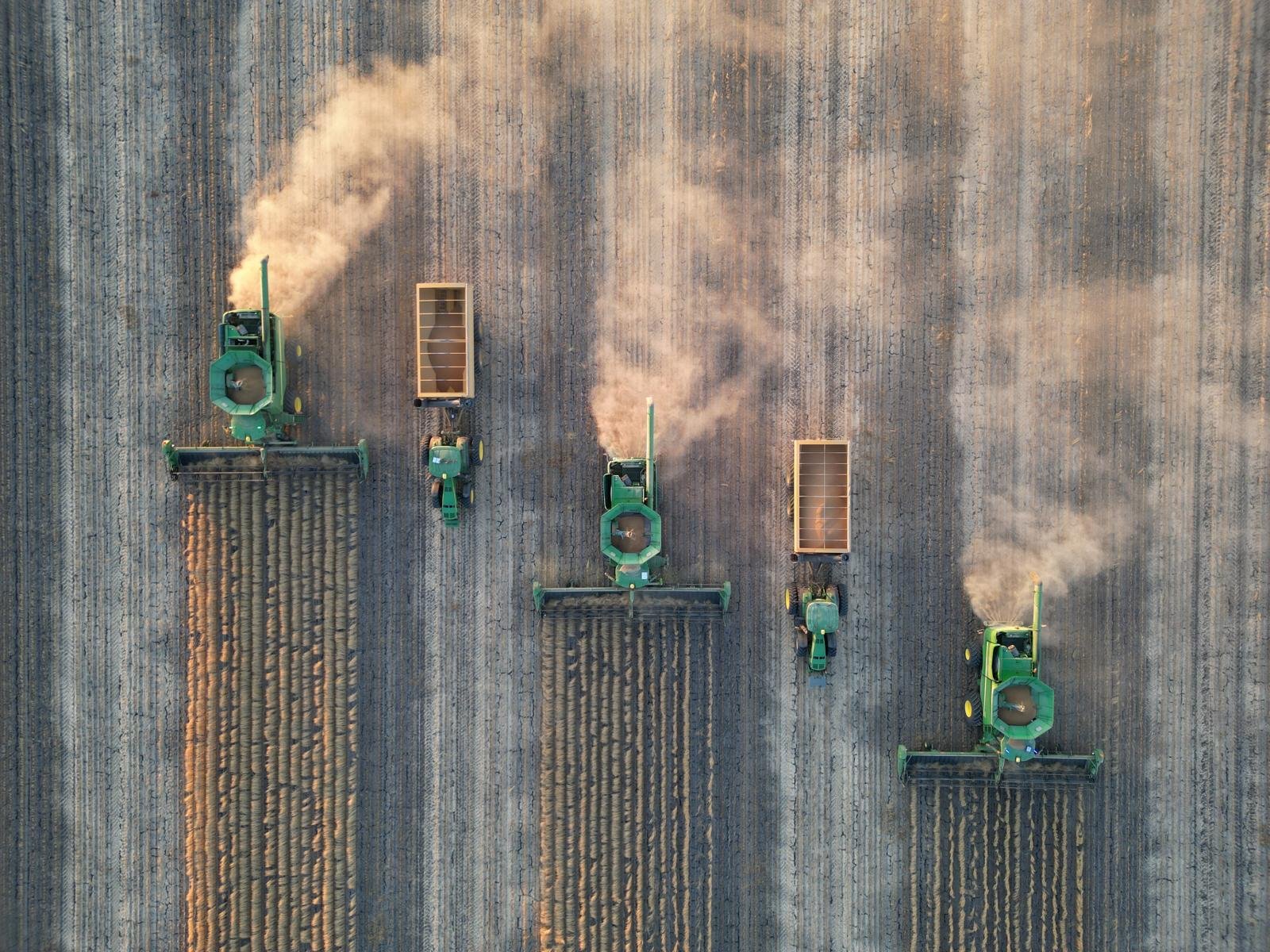 Aerial view of a fleet of headers harvesting at sunset